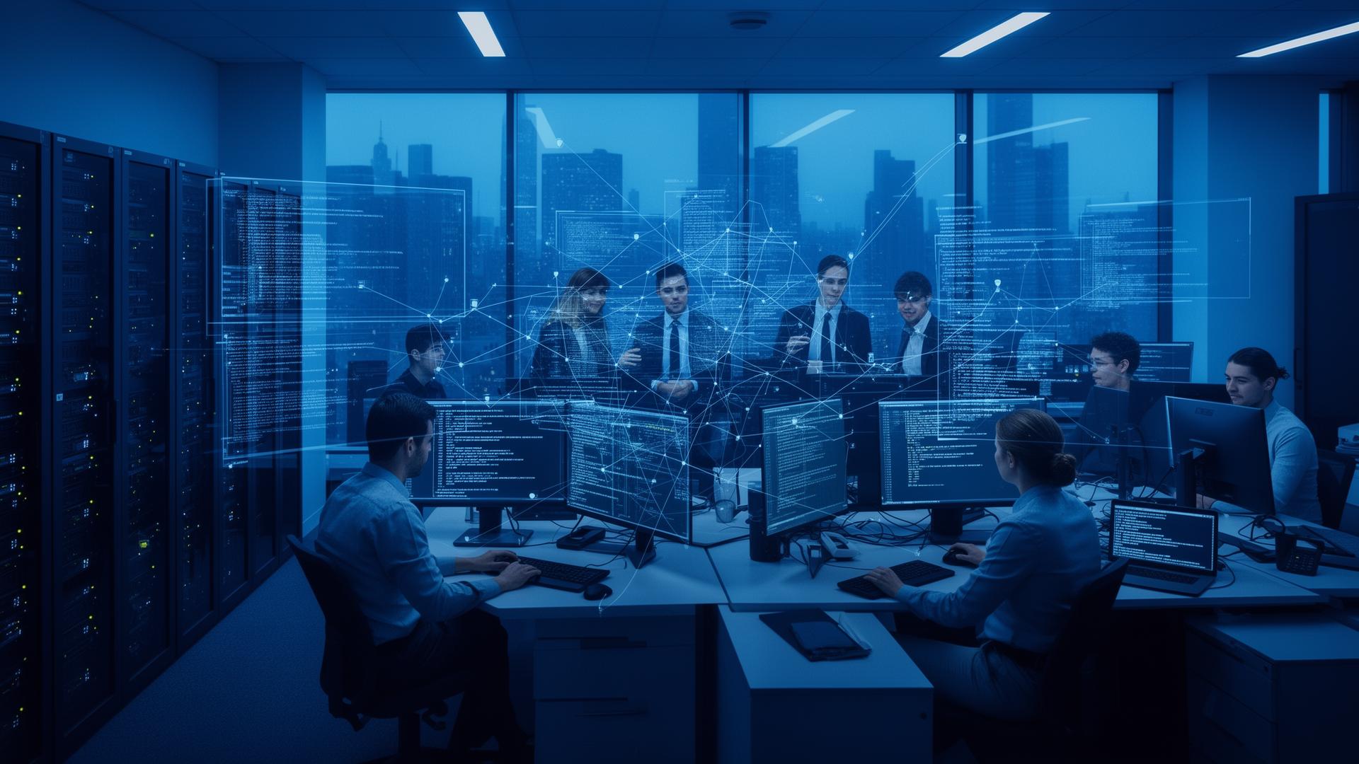 Equipe de consultoria em TI trabalhando em ambiente moderno